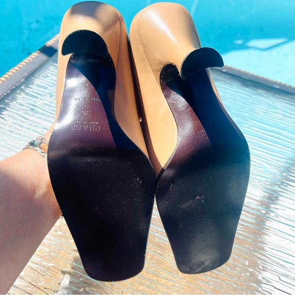 SOLD Prada Beige Brown Colorblock Leather Rosebud Embellished Square Toe Pumps - Picture 15 of 15